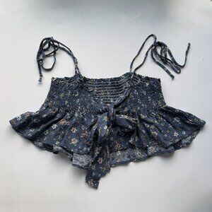 Floral Smocked Tie-Strap Crop Top in Navy Blue